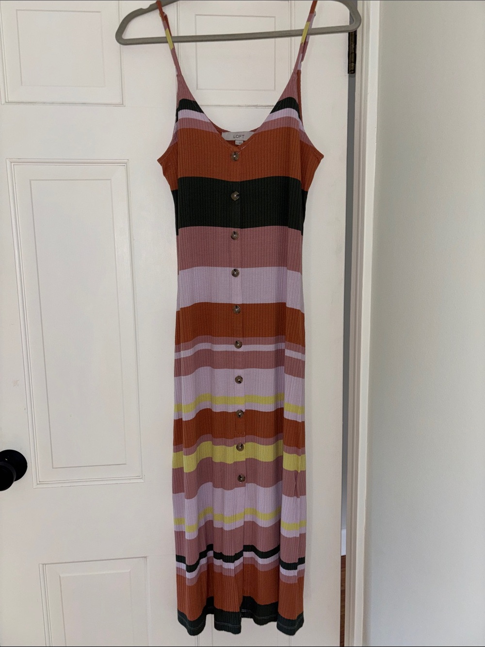 LOFT Striped Button-Front Midi Dress in Rust, Rose, Olive & Yellow